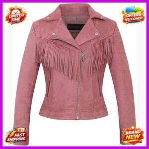 Faux Suede Moto Biker Jacket with Fringe Tassels, Regular Fit, Long Sleeve
